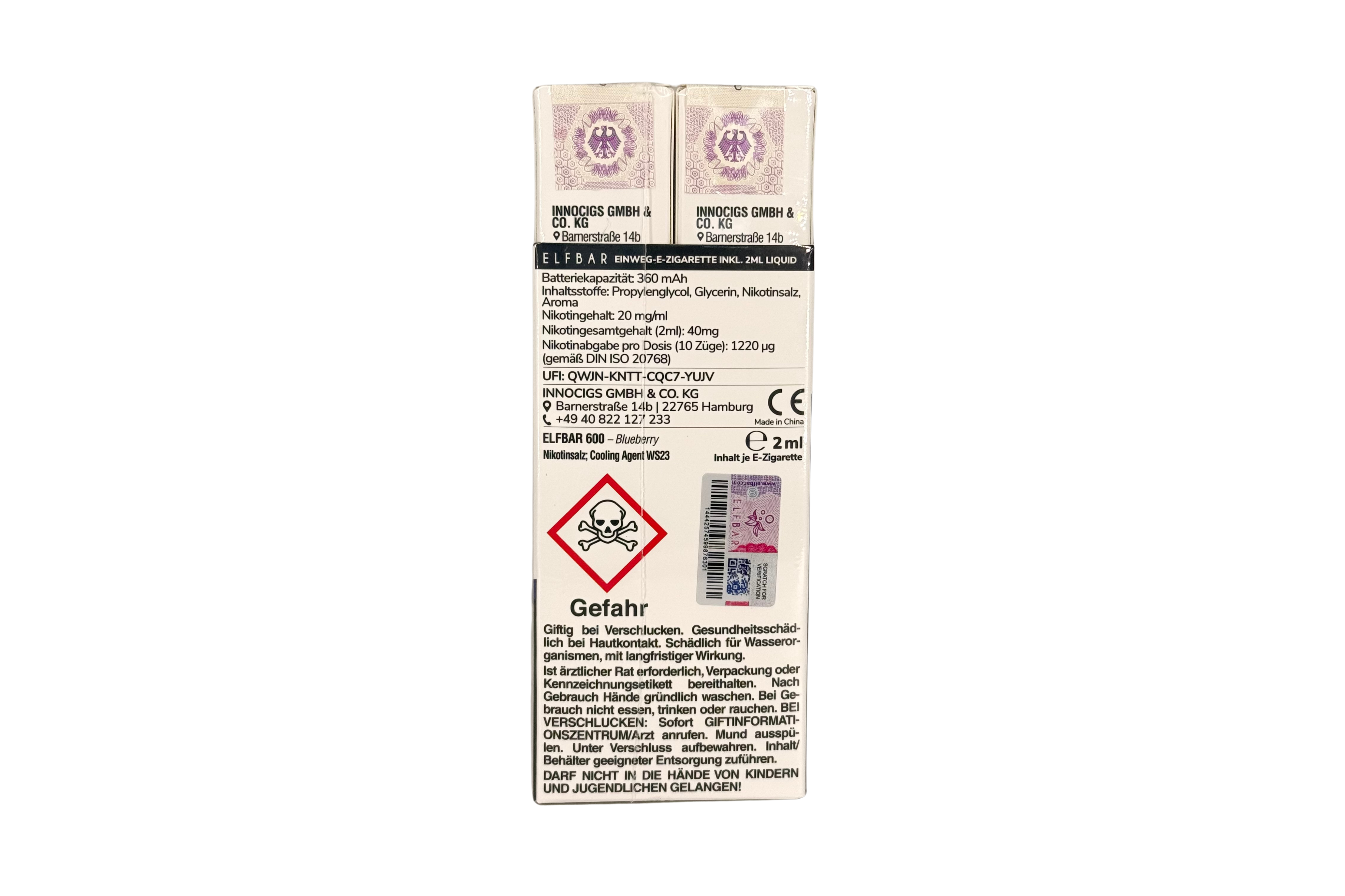 Elf Bar 600 Einweg e-Zigarette, Blueberry / Heidelbeere, VPE: 1 Stk. / Box - 20mg/ml Nikotingehalt