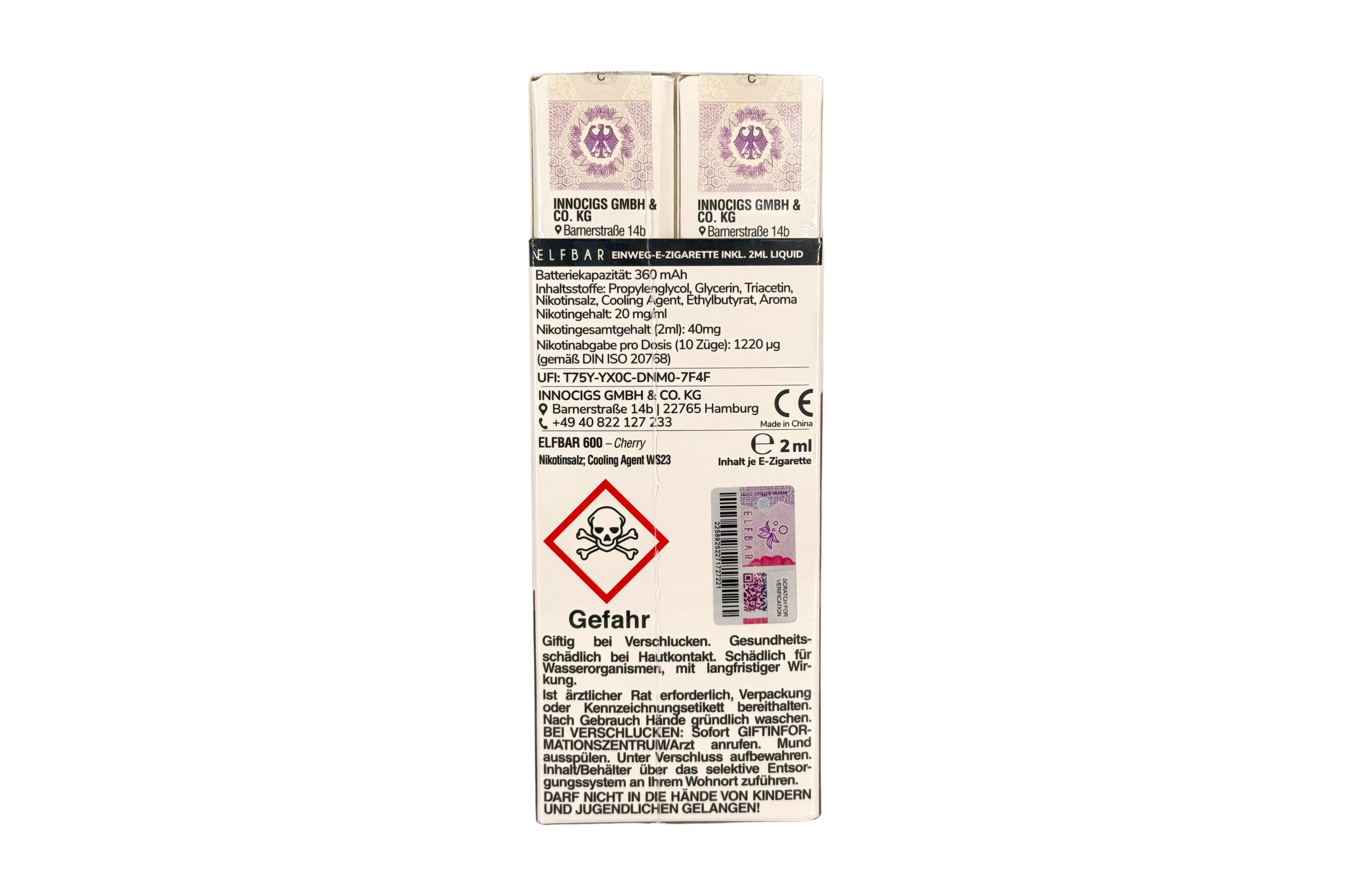 Elf Bar 600 Einweg e-Zigarette, Cherry / Kirsche, VPE: 1 Stk. / Box - 20mg/ml Nikotingehalt