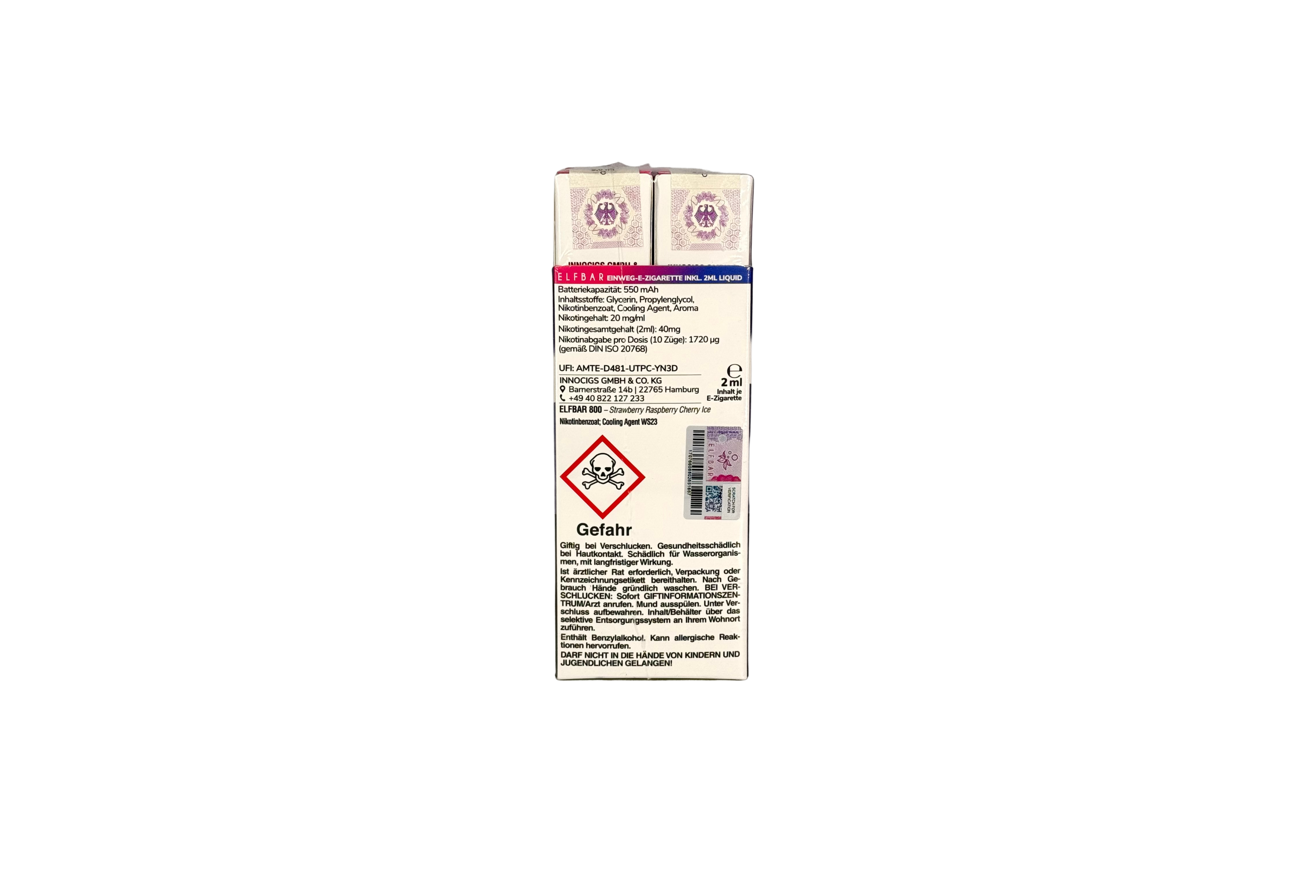 Elfbar 800 Einweg E-Zigarette - Strawberry Raspberry Cherry Ice 20mg/ml, VKE: 10 Stück