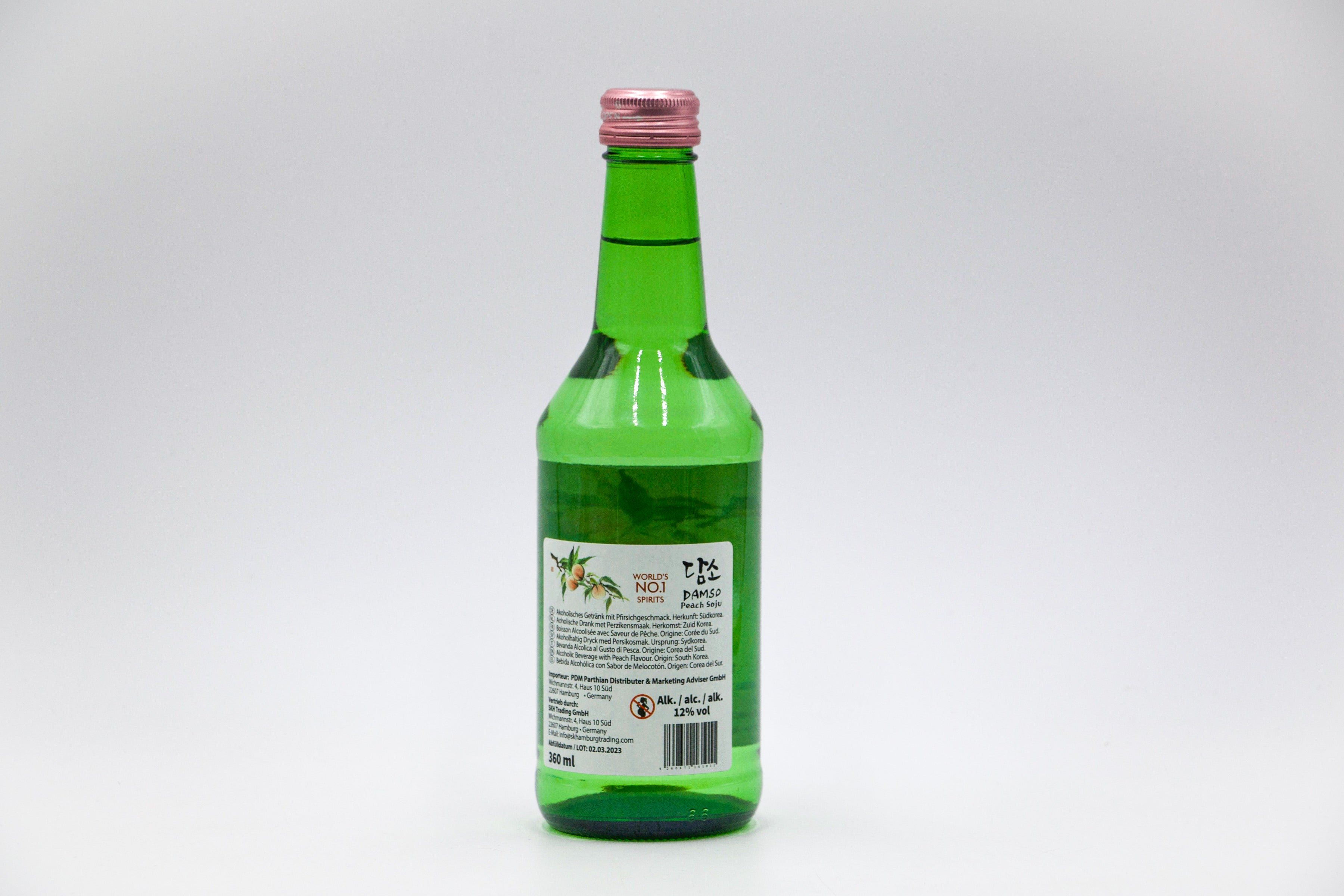 Damso Peach Soju 12 % Alc., Soju mit Pfirsichgeschmack, VPE: 20x360ml