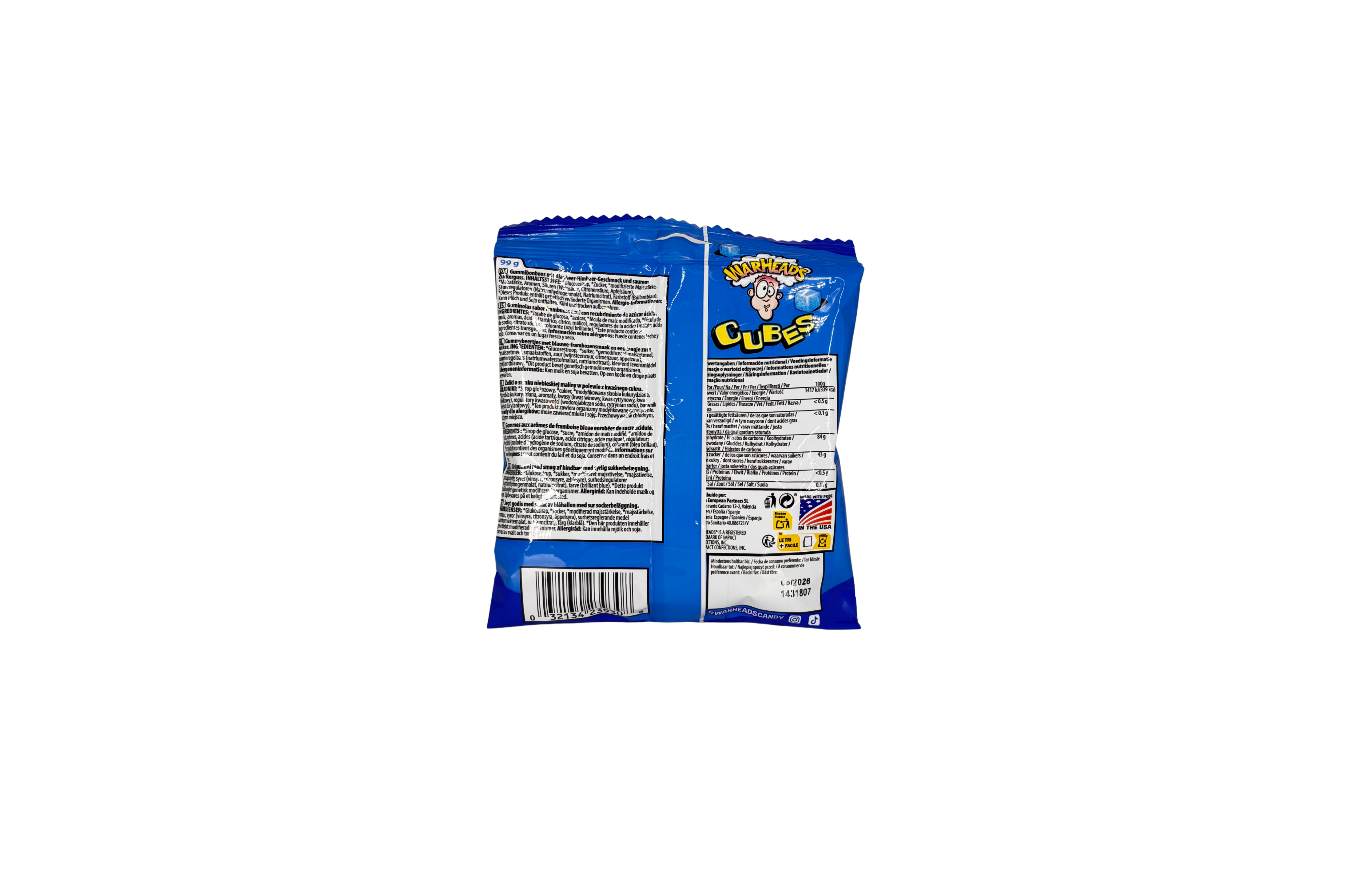 Warheads Cubes Blue Raspberry PET Beutel, VPE: 99g, VKE: 12x99g
