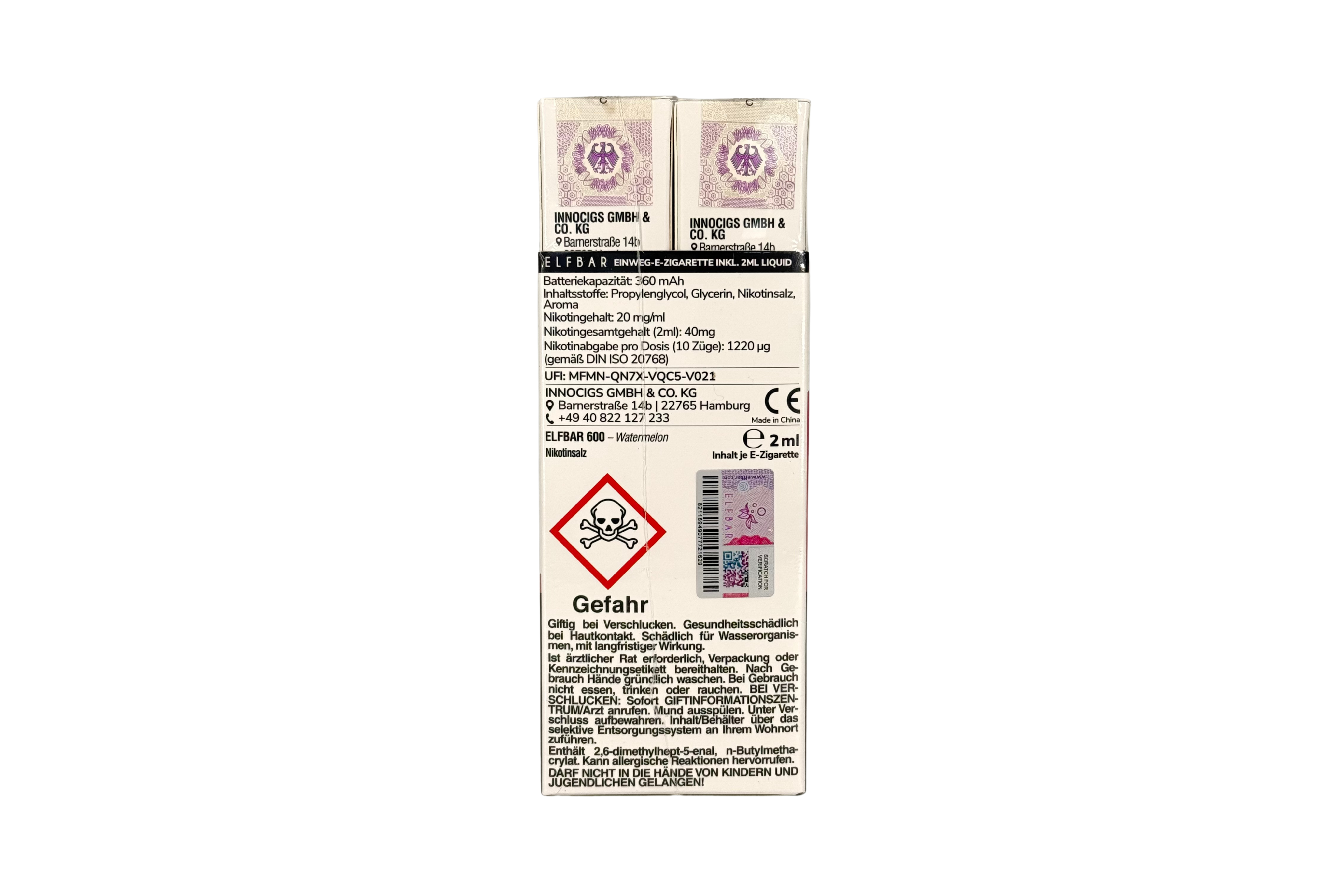 Elf Bar 600 Einweg e-Zigarette, Watermelon / Wassermelone, VPE: 1 Stk. / Box -  20mg/ml Nikotingehalt