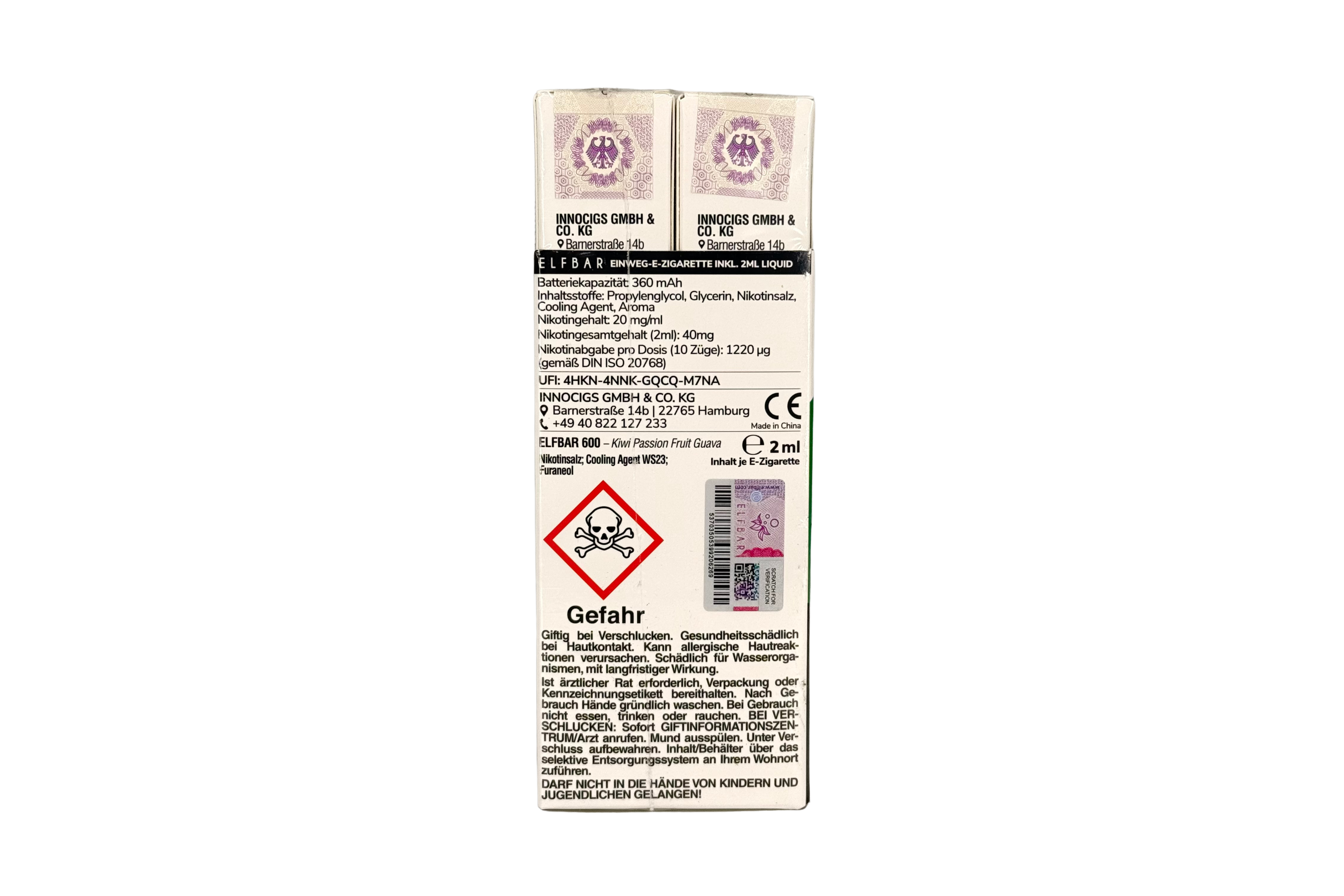 Elf Bar 600 Einweg e-Zigarette, Kiwi Passion Fruit Guava / Kiwi Passionsfrucht Guave, VPE: 1 Stk. / Box - 20mg/ml Nikotingehalt