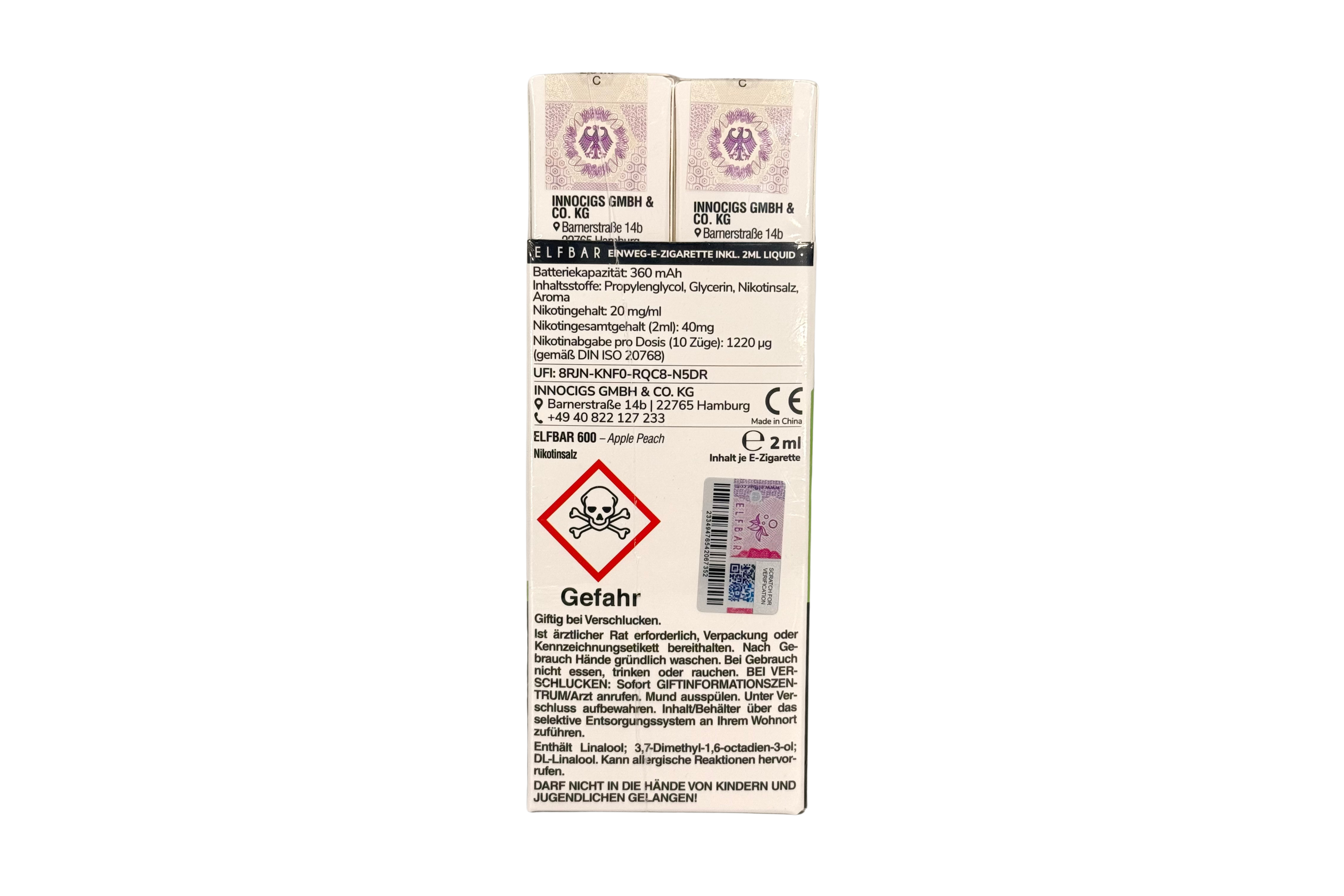 Elf Bar 600 Einweg e-Zigarette, Apple Peach / Apfel Pfirsich, VPE: 1 Stk. / Box - 20mg/ml Nikotingehalt