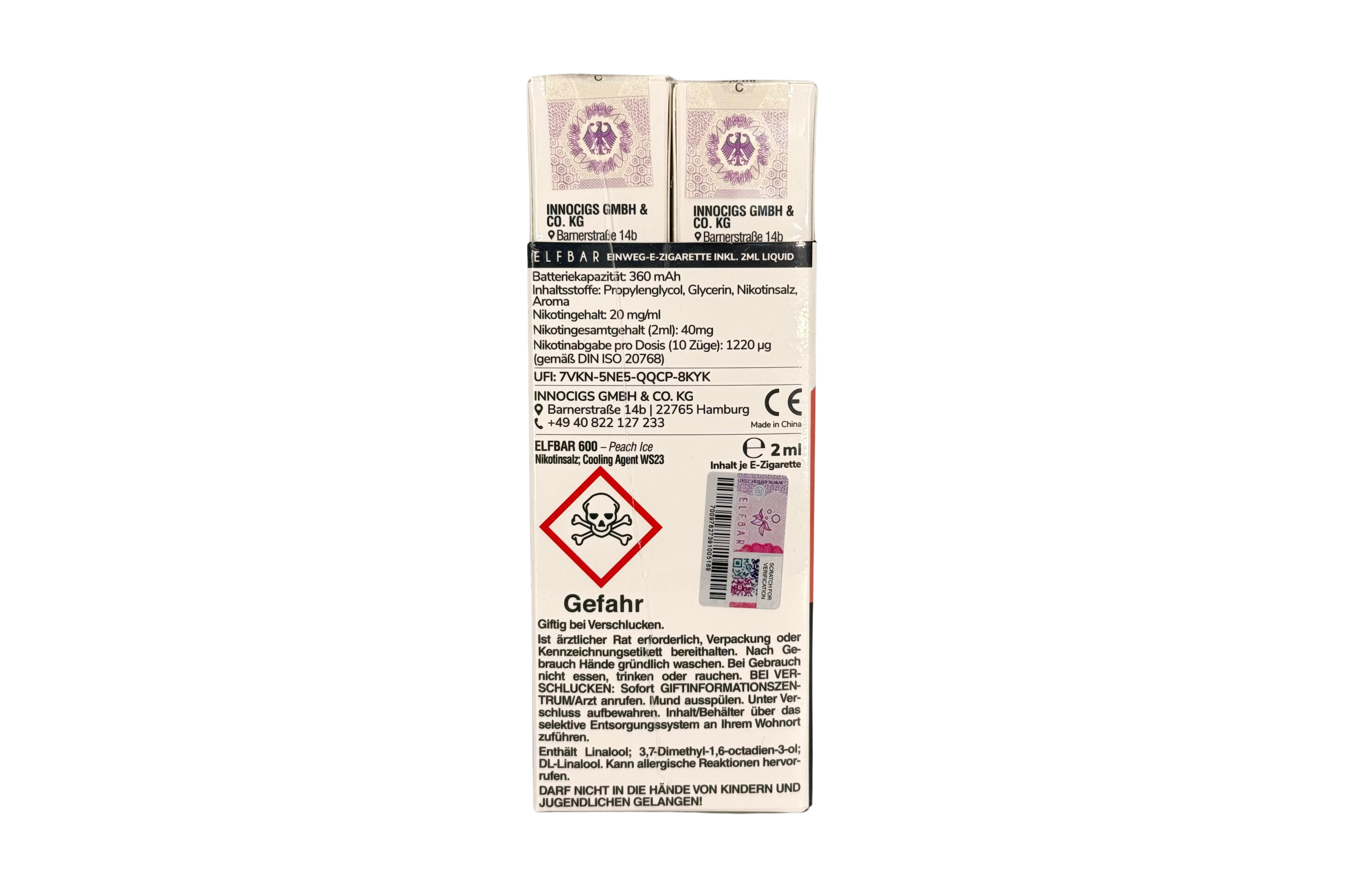Elf Bar 600 Einweg e-Zigarette, Peach Ice / Erfrischender Pfirsich, VPE: 1 Stk. / Box - 20mg/ml Nikotingehalt