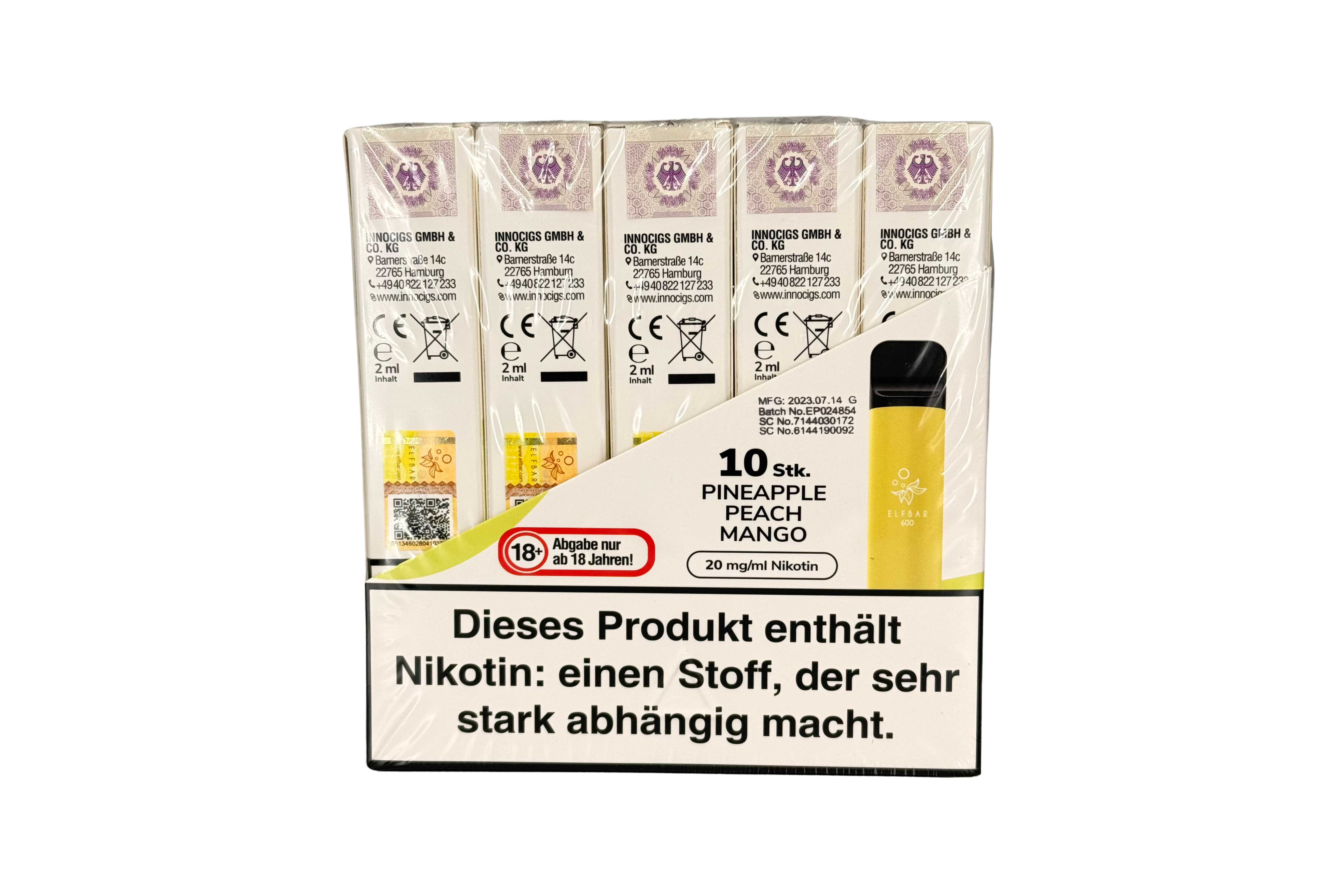 Elf Bar 600 Einweg e-Zigarette, Pineapple Peach Mango / Ananas Pfirsisch Mango, VPE: 1 Stk. / Box - 20mg/ml Nikotingehalt