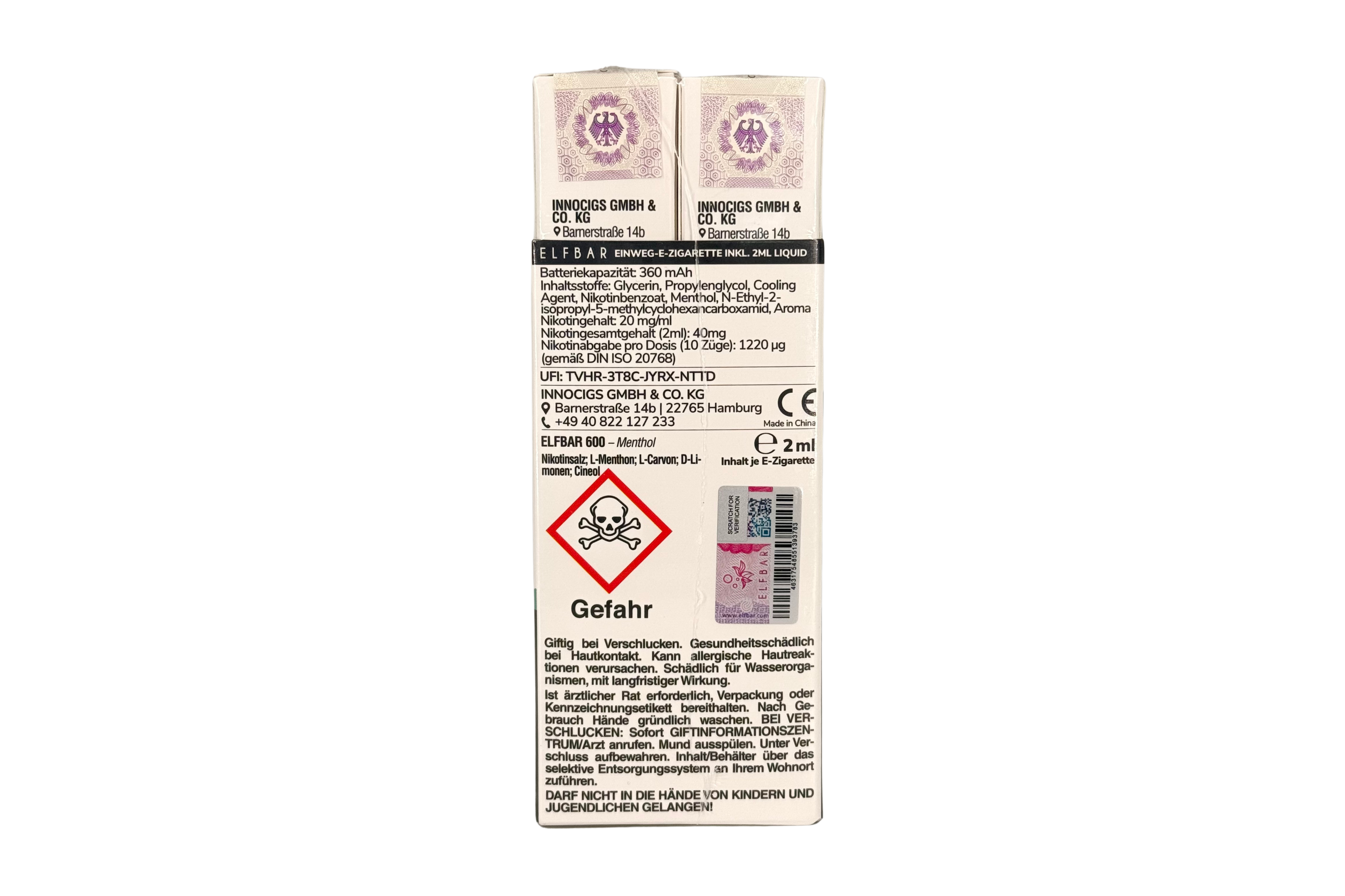 Elf Bar 600 Einweg e-Zigarette, Menthol, VPE: 1 Stk. / Box - 20mg/ml Nikotingehalt
