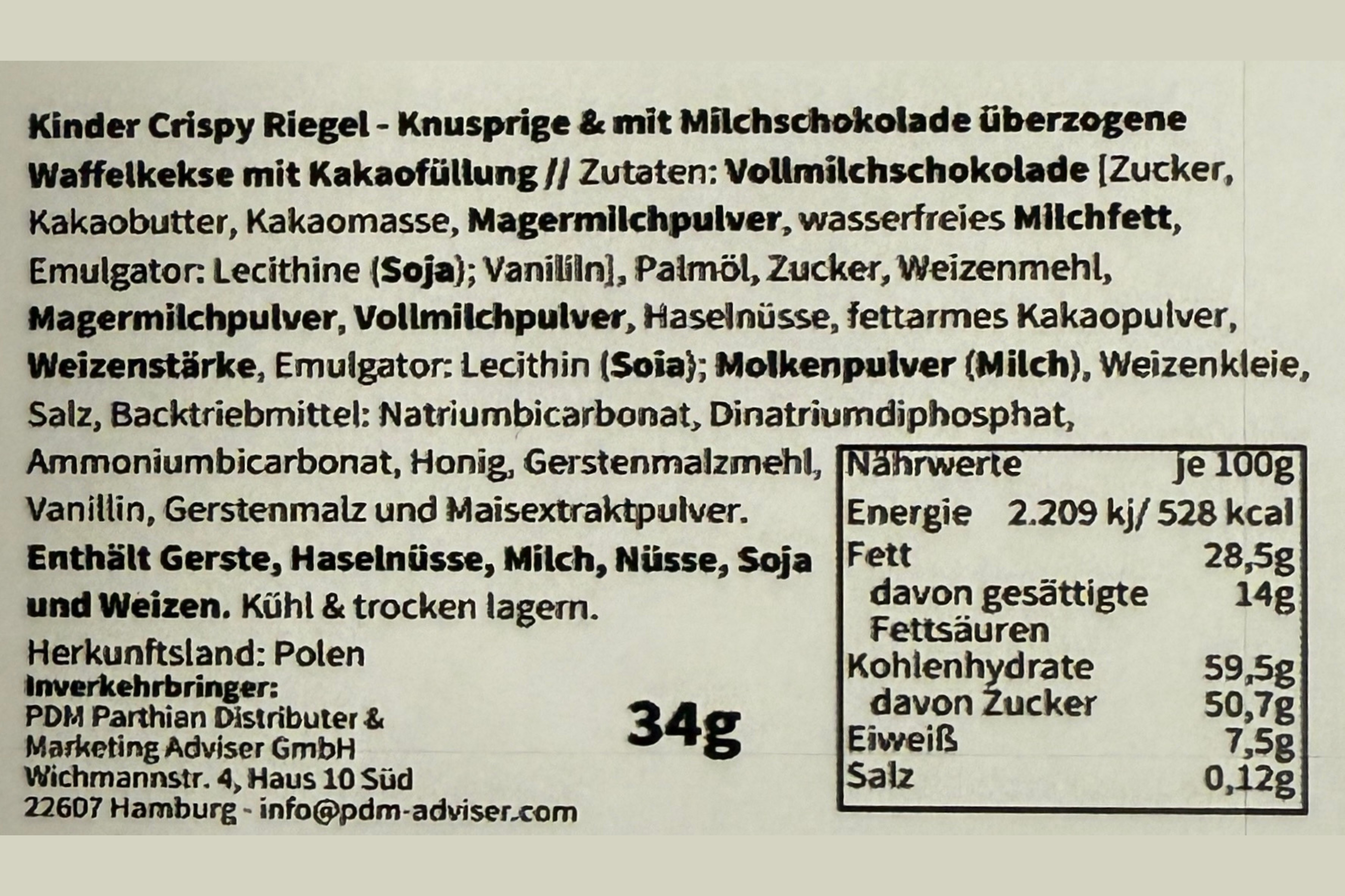 Kinder Crispy Riegel, VPE: 34g, VKE: 14x34g